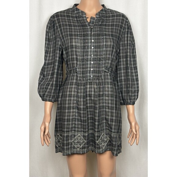 New York & Company Women’s Size Large Plaid Button Front Tie Back Tunic Top - Picture 1 of 8
